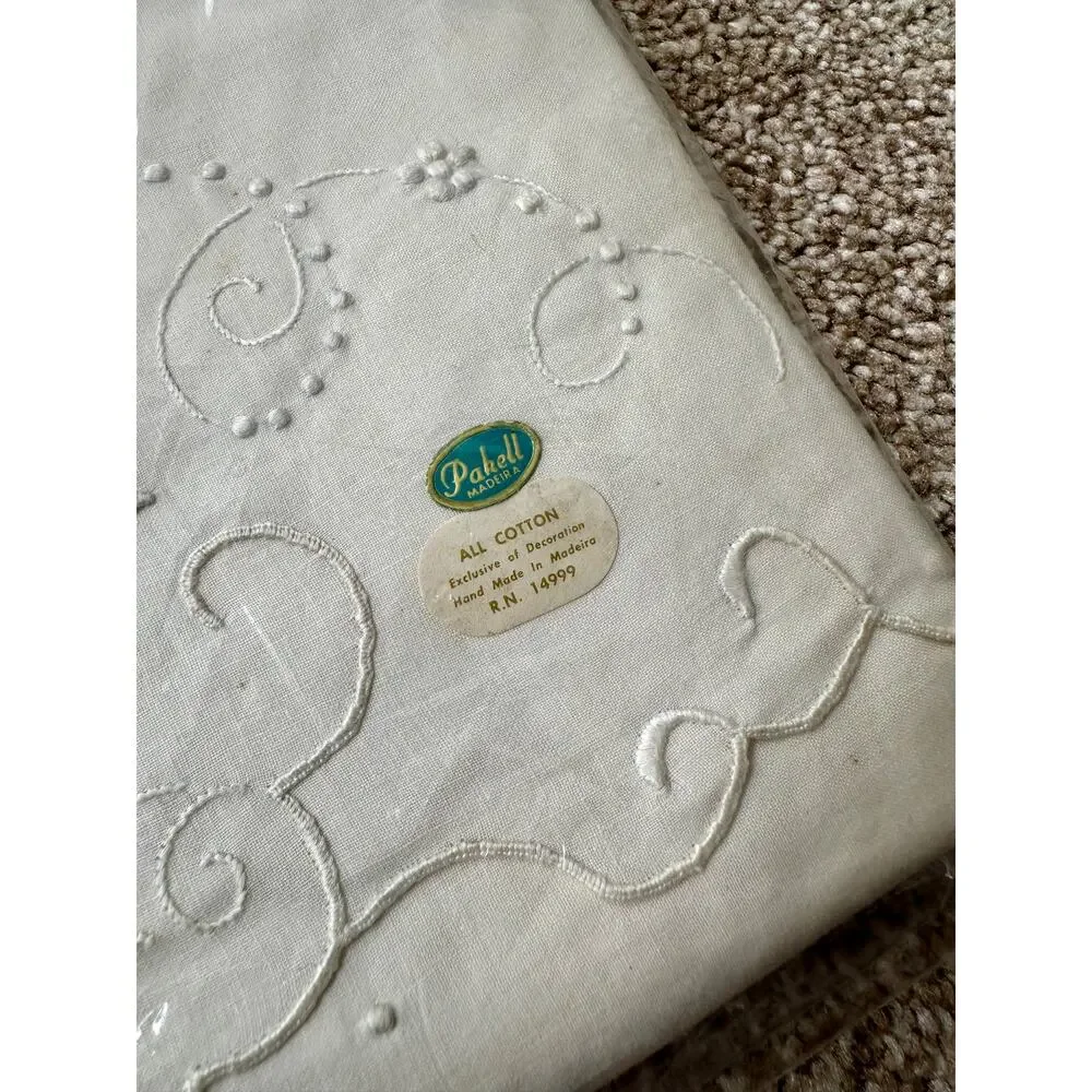 Vintage Pakell Cotton Hand Embroidered Pillowcases Madeira Portugal 22” x 36”